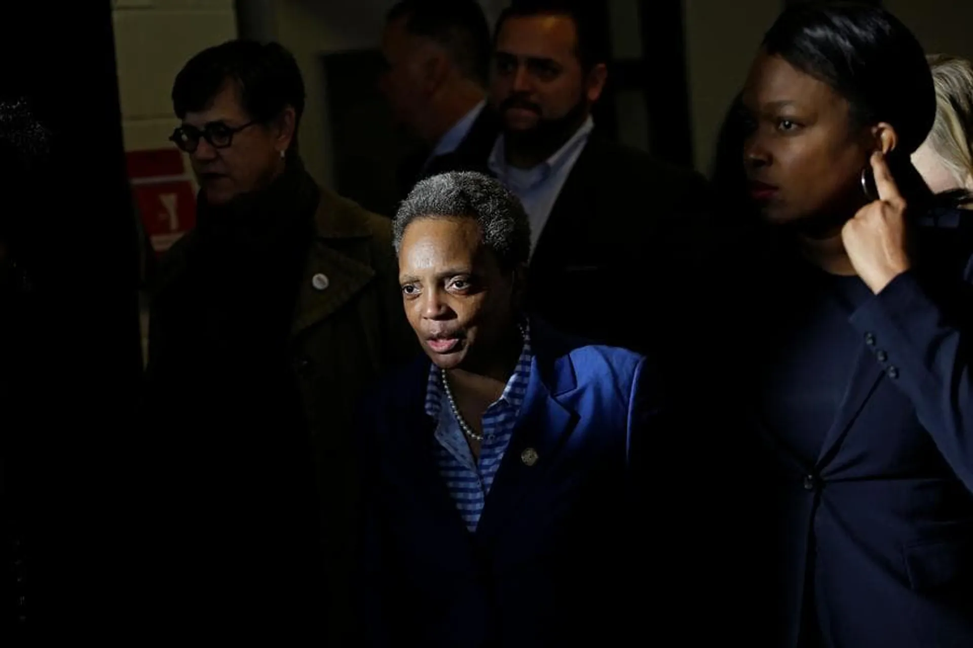 Chicago Mayor Lori Lightfoot leaves the McCormick YMCA after meeting with Chicago Public Schools students affected by the first day of a teacher strike in Chicago on Thursday, Oct. 17, 2019. A walkout in the nation's third-largest school district canceled instruction across Chicago. (Joshua Lott/The New York Times)