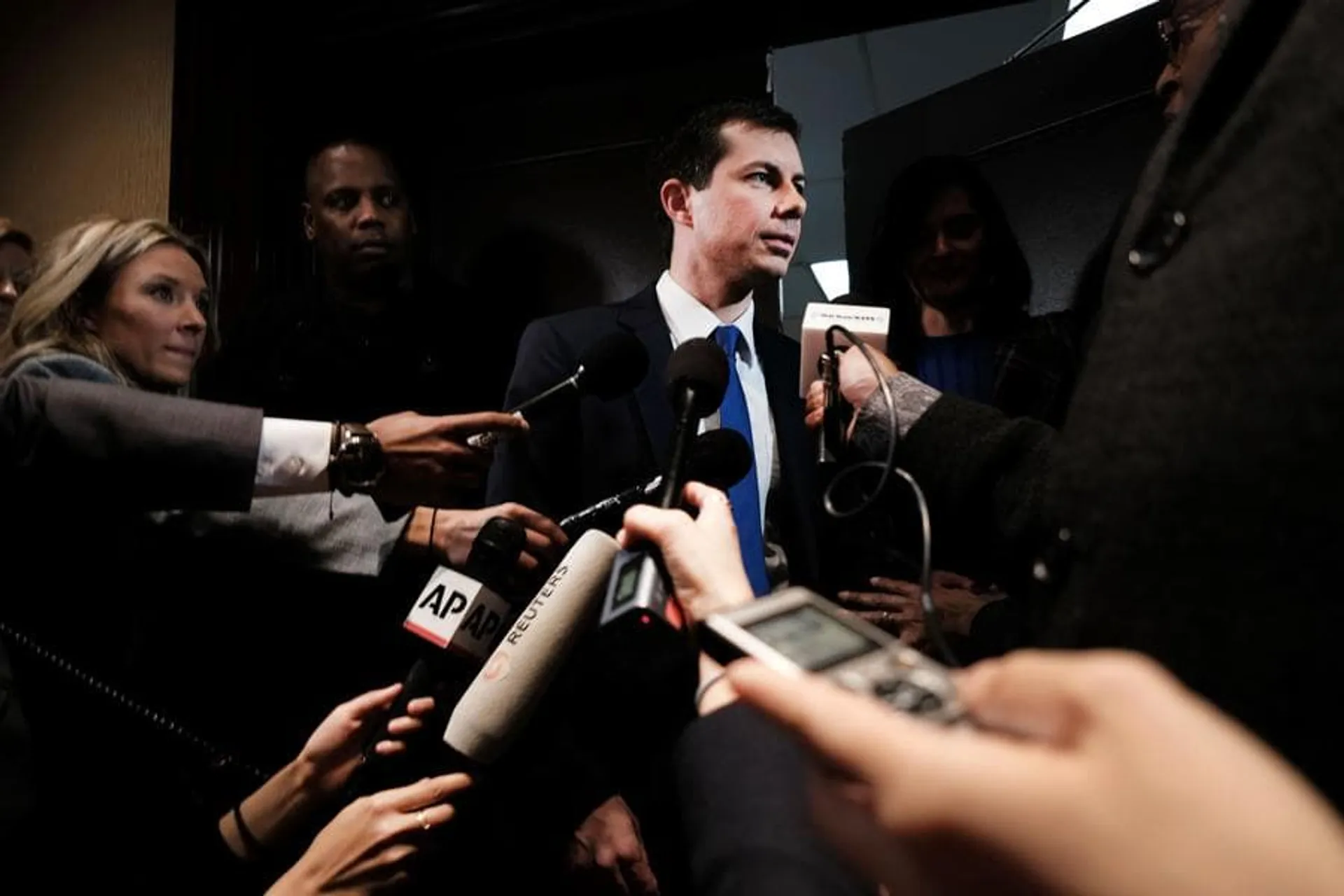 NEW YORK, NEW YORK - APRIL 04: Democratic presidential hopeful South Bend, Indiana mayor Pete Buttigieg speaks to the media at the National Action Network's annual convention on April 4, 2019 in New York City. A dozen 2020 Democratic presidential candidates will speak at the organization's convention this week. Founded by Rev. Al Sharpton in 1991, the National Action Network is one of the most influential African American organizations dedicated to civil rights in America. (Photo by Spencer Platt/Getty Images)