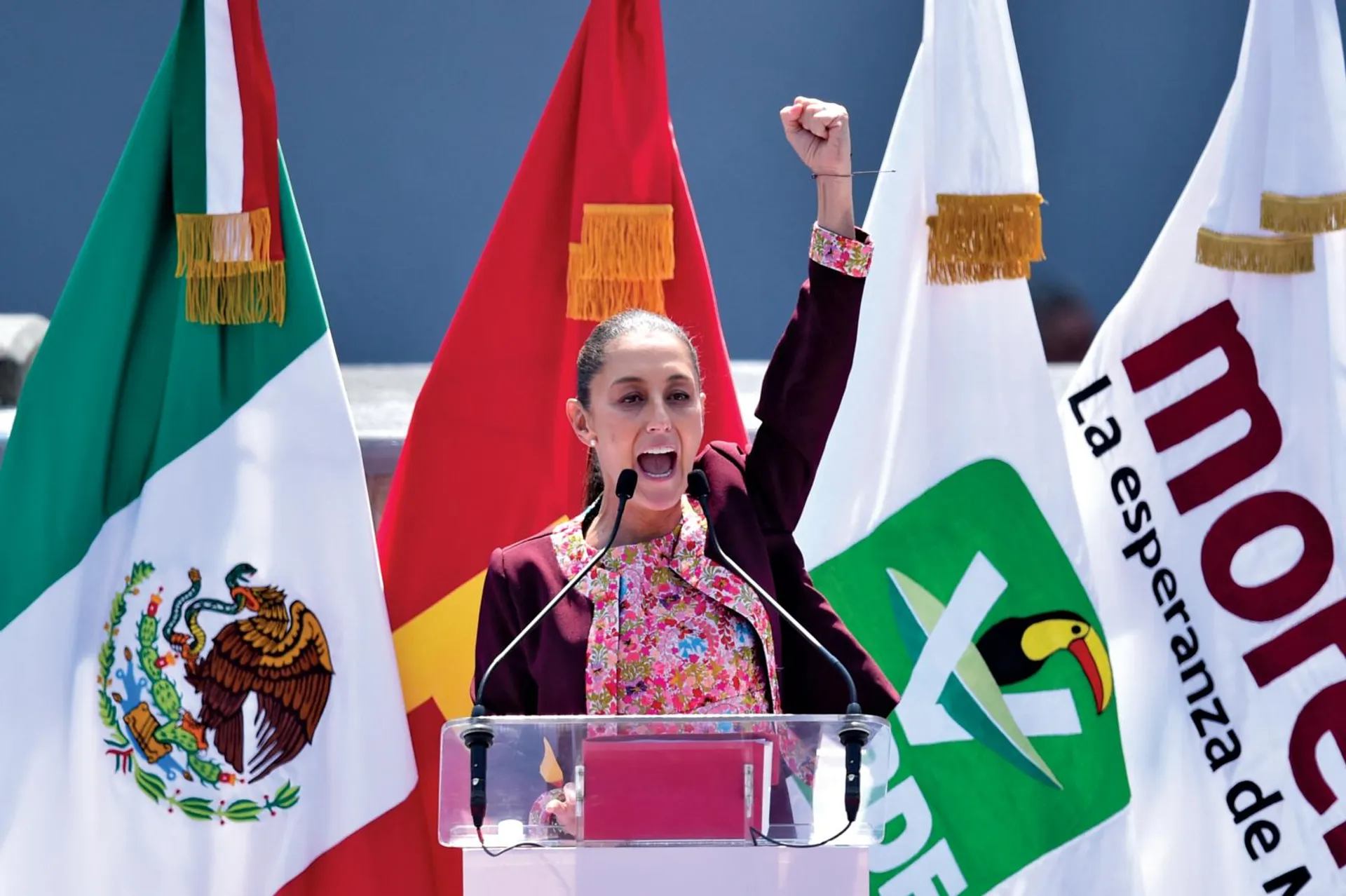 La candidata presidente Claudia Sheinbaum Pardo in un comizio a Città del Messico. 