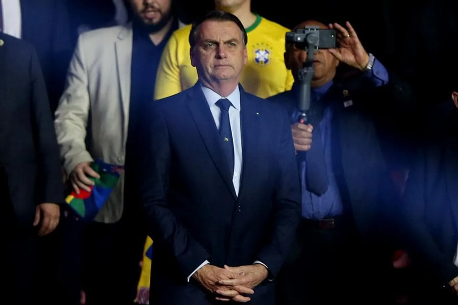 SAO PAULO, BRAZIL - JUNE 14: President of Brazil Jair Bolsonaro looks on during the Copa America Brazil 2019 Opening Ceremony ahead of group A match between Brazil and Bolivia at Morumbi Stadium on June 14, 2019 in Sao Paulo, Brazil. (Photo by Alexandre Schneider/Getty Images)