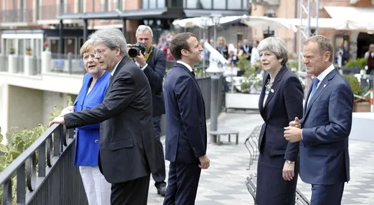 Da sinistra Angela Merkel, Paolo Gentiloni, Emmanuel Macron e Theresa May