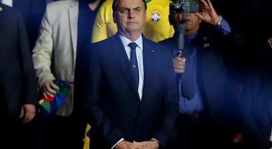 SAO PAULO, BRAZIL - JUNE 14: President of Brazil Jair Bolsonaro looks on during the Copa America Brazil 2019 Opening Ceremony ahead of group A match between Brazil and Bolivia at Morumbi Stadium on June 14, 2019 in Sao Paulo, Brazil. (Photo by Alexandre Schneider/Getty Images)
